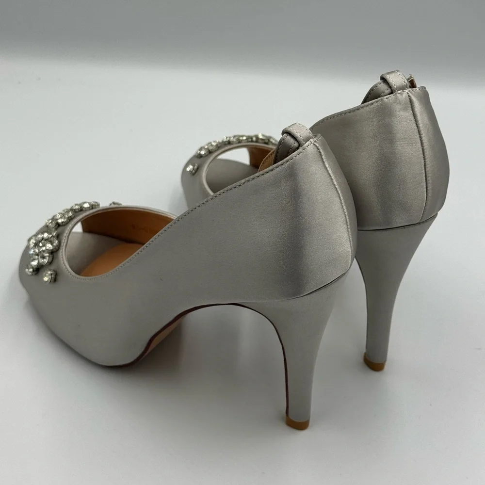 Silver Satin Peep Toe Heels with Rhinestones, Size 9W (NWT)